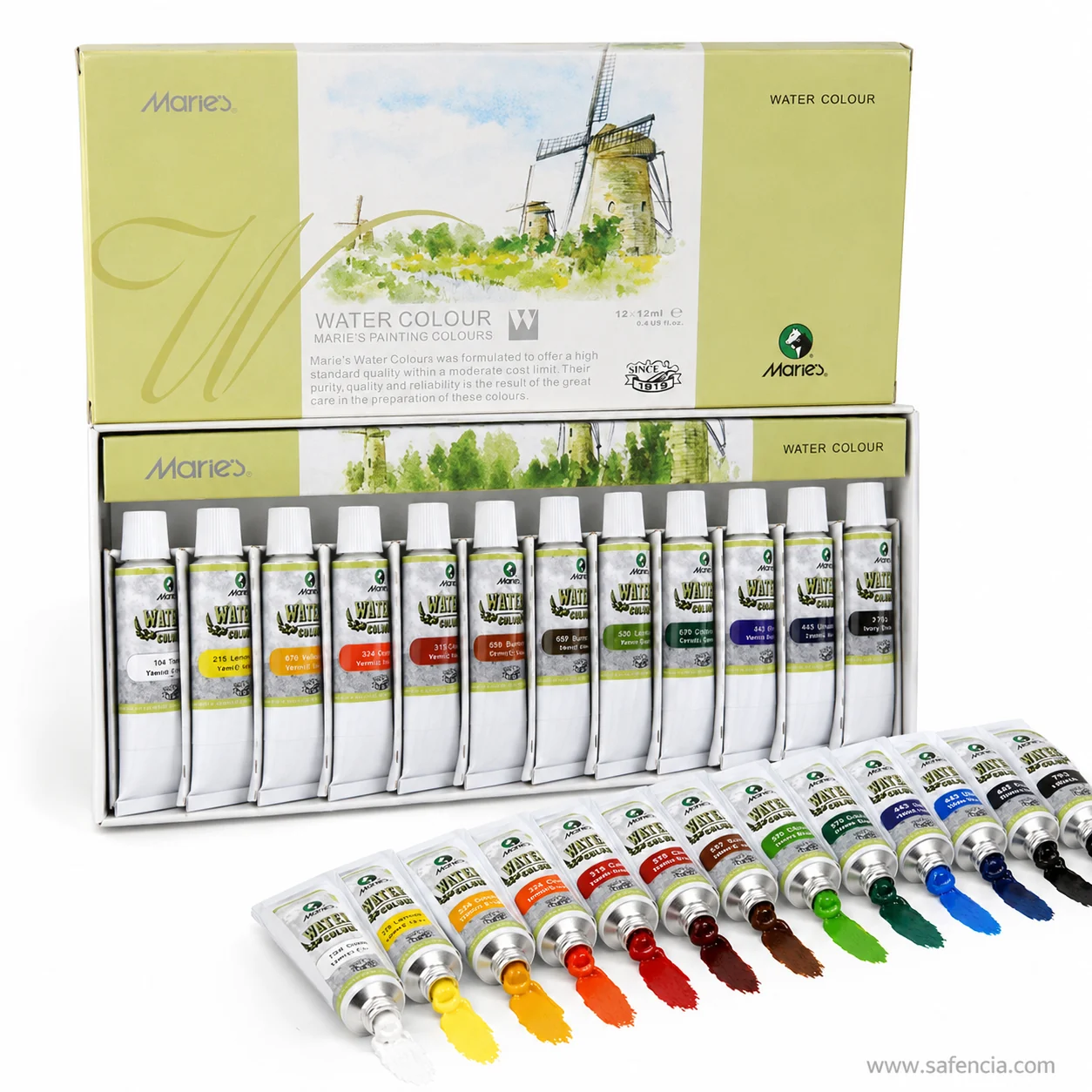 Marie's Water Colour carton front showing the windmill artwork, the SINCE 1919 badge and 12x12ml marking