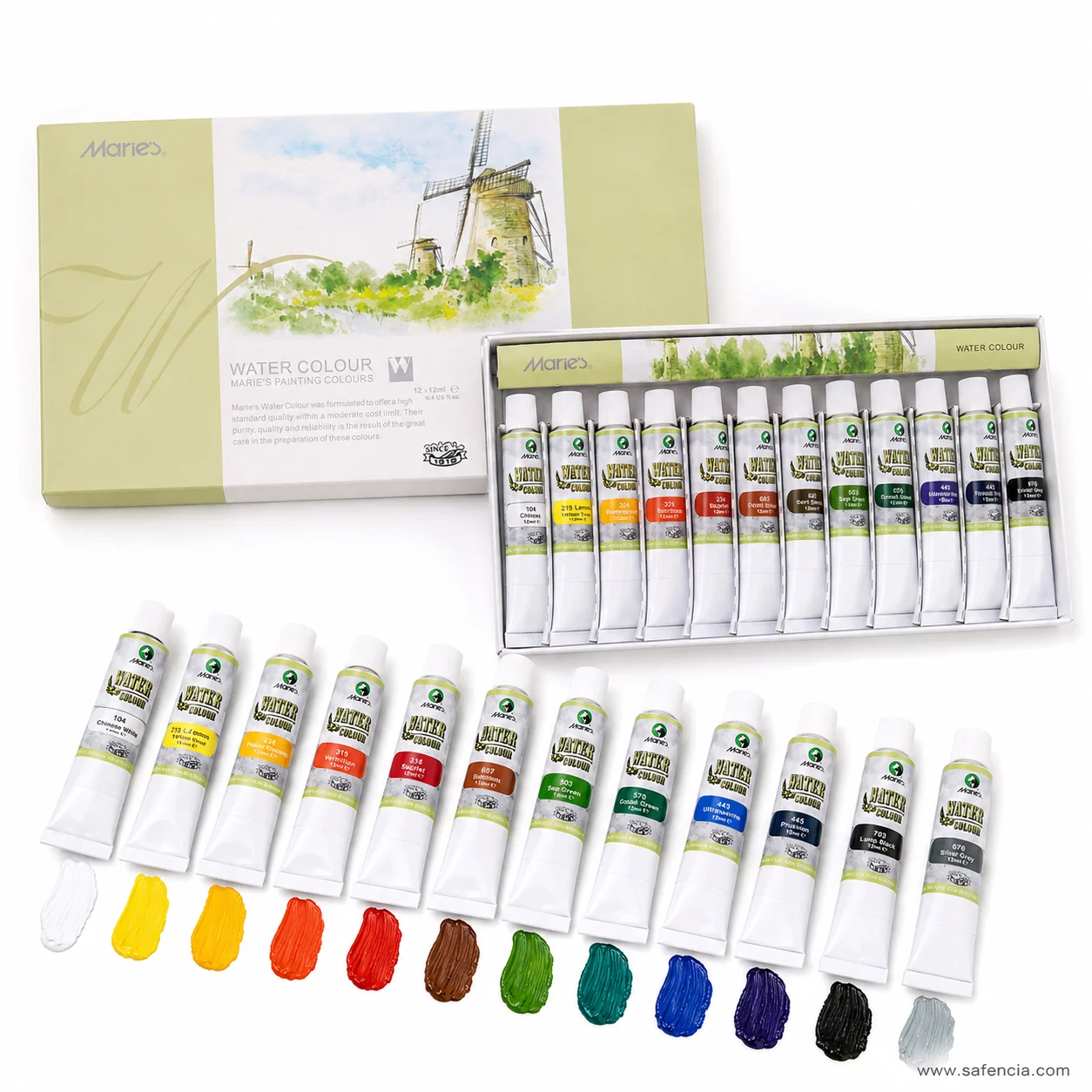 Twelve Marie's watercolour tubes laid in a row with a blob of each colour squeezed out beneath them