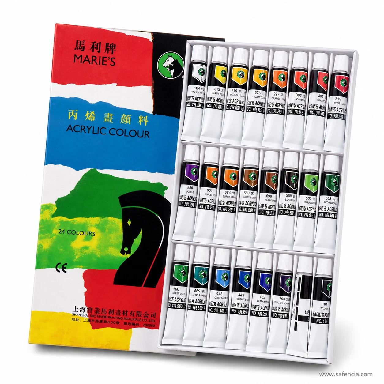Marie's Acrylic Colour 24 set angled to show the black horse mark and the 24 COLOURS printing