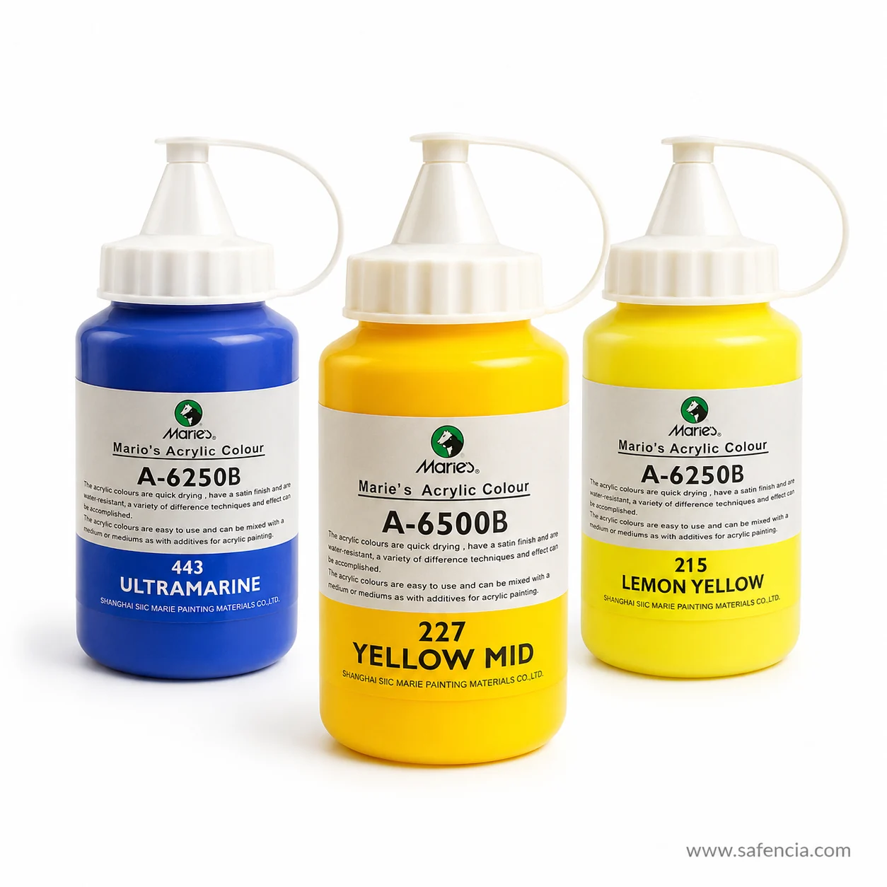 Marie's 250ml acrylic jars showing the model codes A-6250B and A-6500B above the colour names