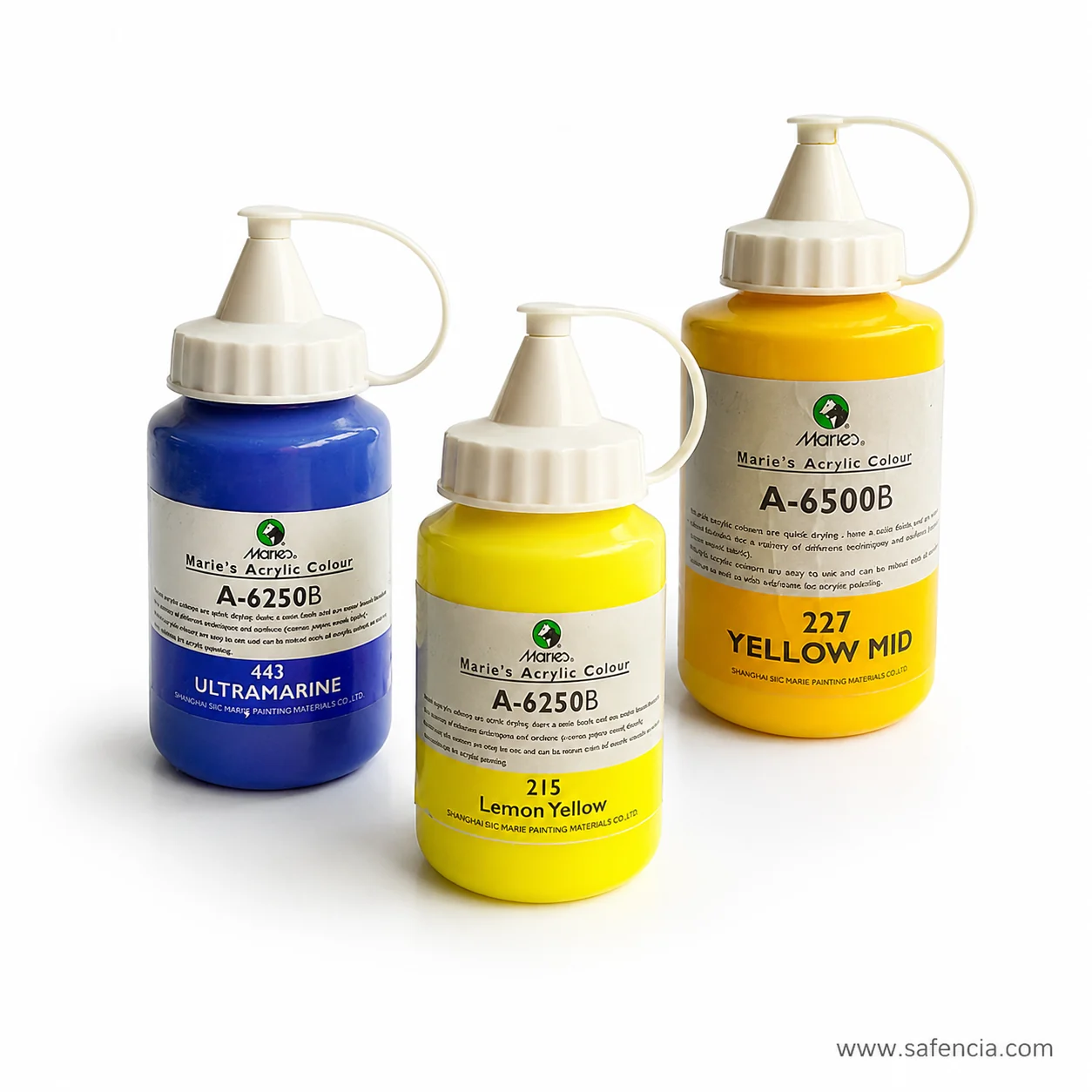 Three Marie's Acrylic Colour 250ml jars standing together in blue yellow and deep yellow