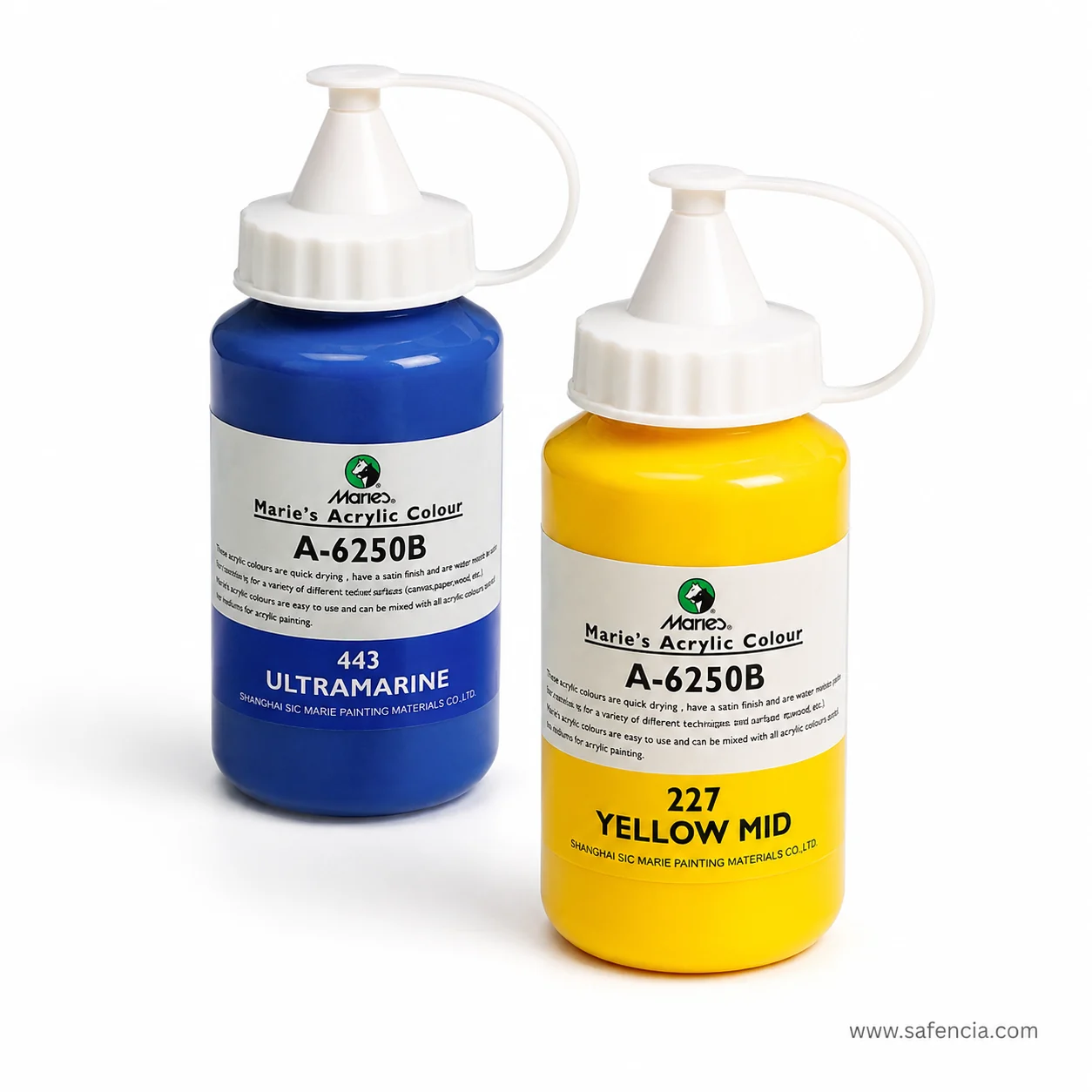 Marie's Acrylic Colour 500ml jar label stating quick drying satin finish and water based colours