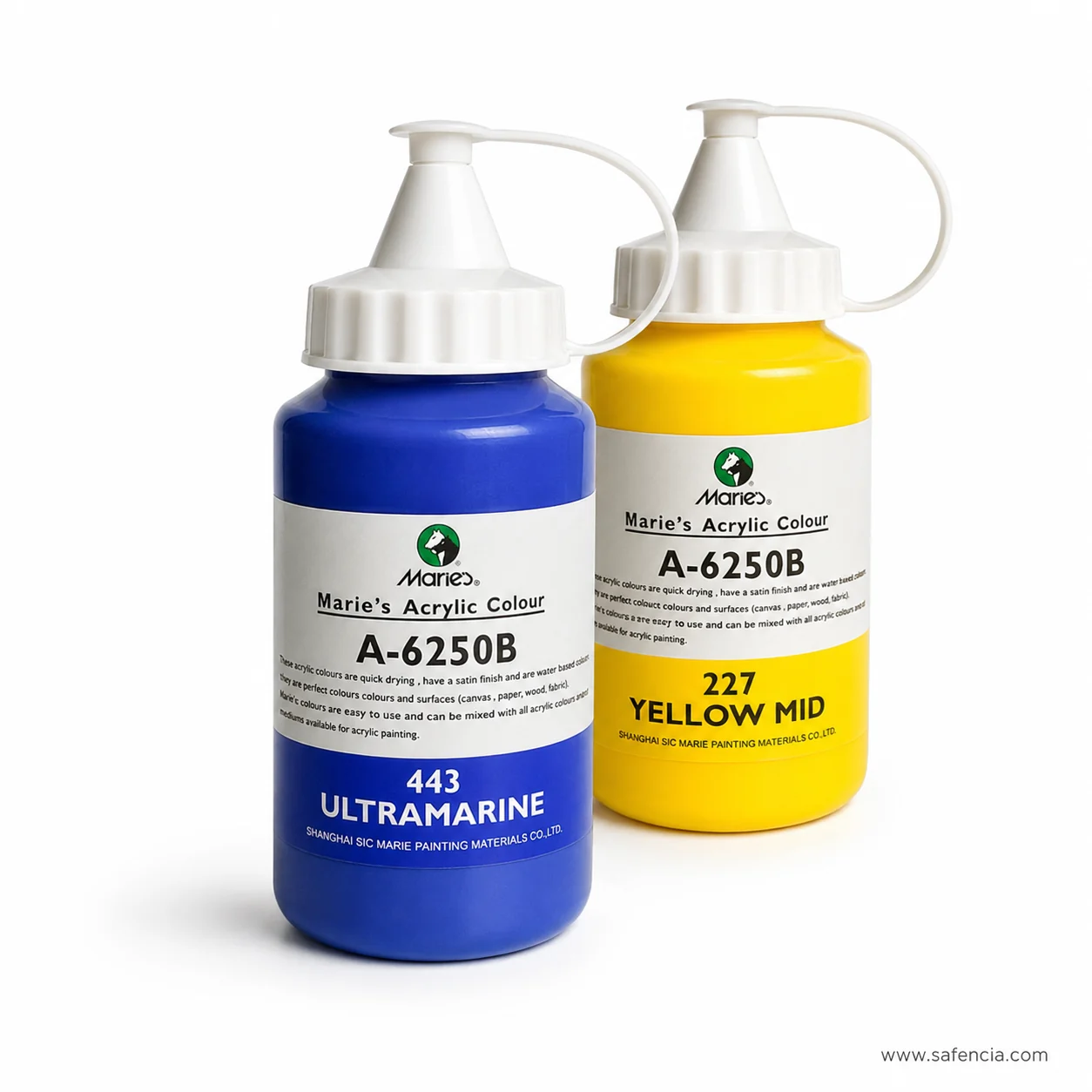 Two Marie's Acrylic Colour 500ml jars angled to show the model code printed above the colour name