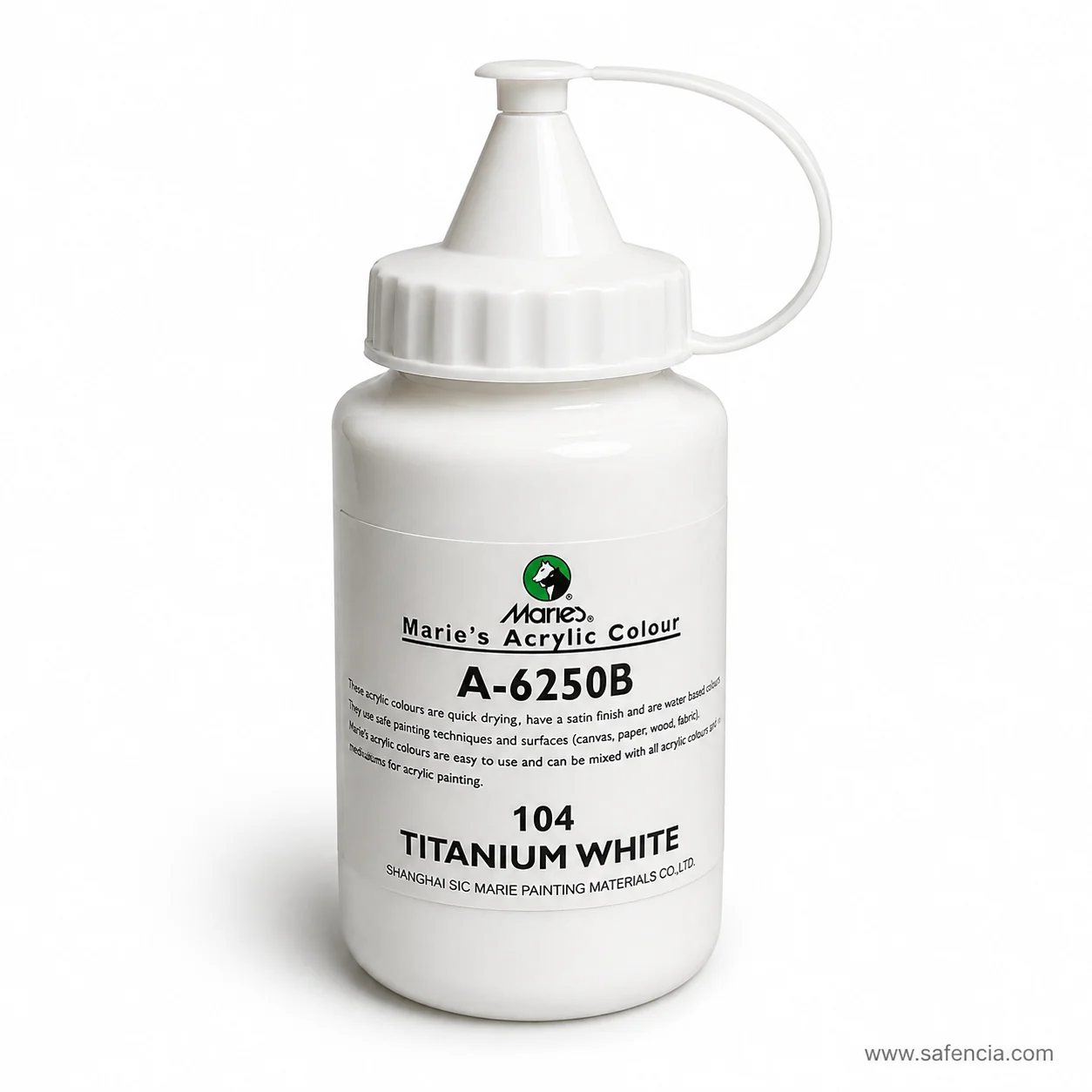 Close view of the Marie's 500ml Titanium White jar label showing the horse roundel and colour number