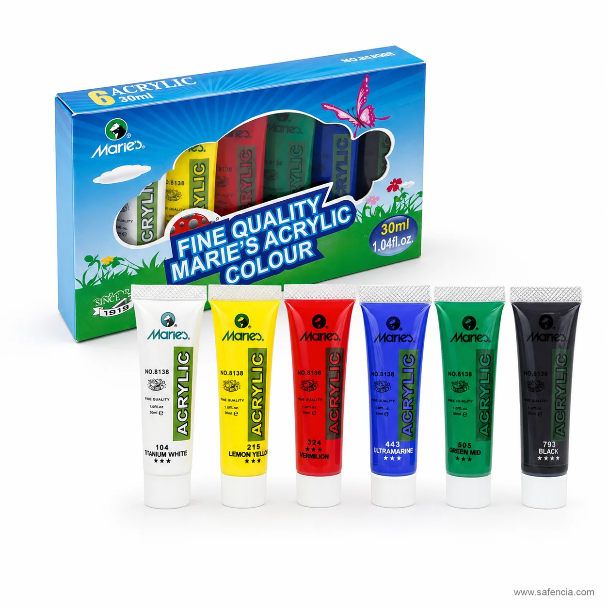 Marie's 30ml acrylic set of six tubes in white yellow red blue green and black beside the carton