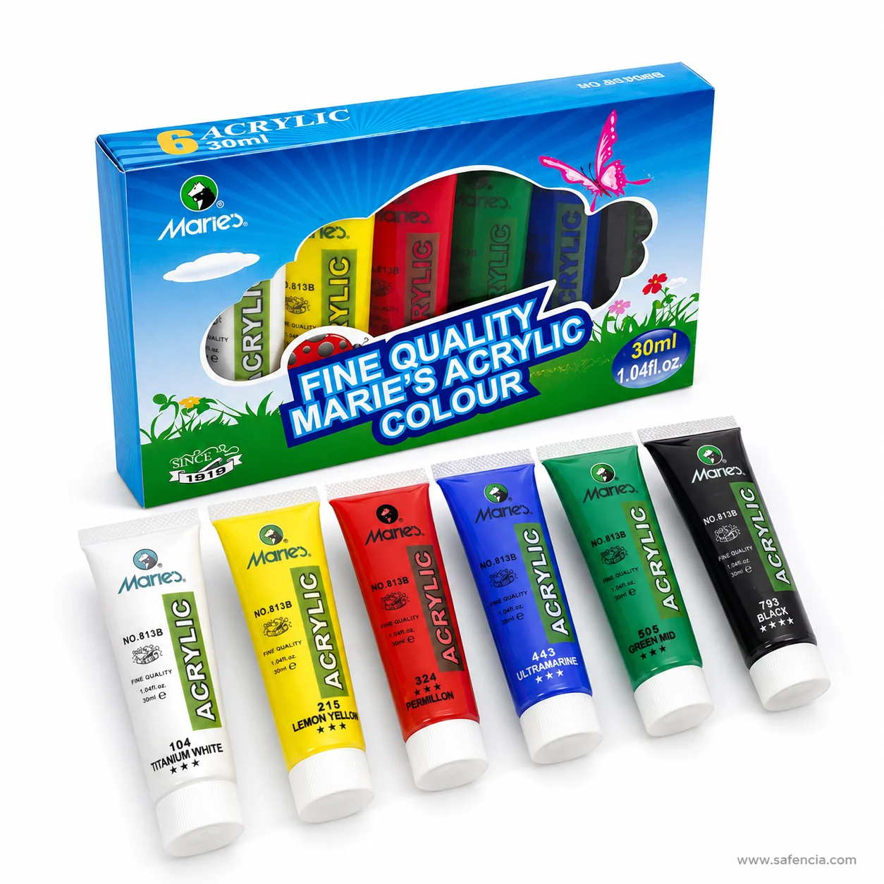 Six Marie's 30ml acrylic tubes showing colour names codes and lightfastness stars on the labels