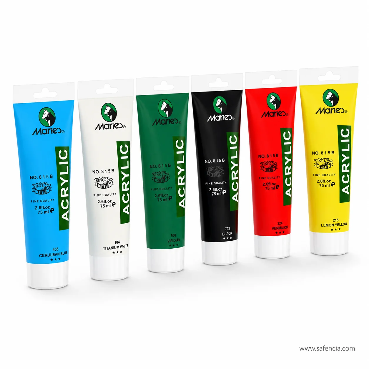 The complete Marie's six-colour 75ml acrylic set standing together on a white background