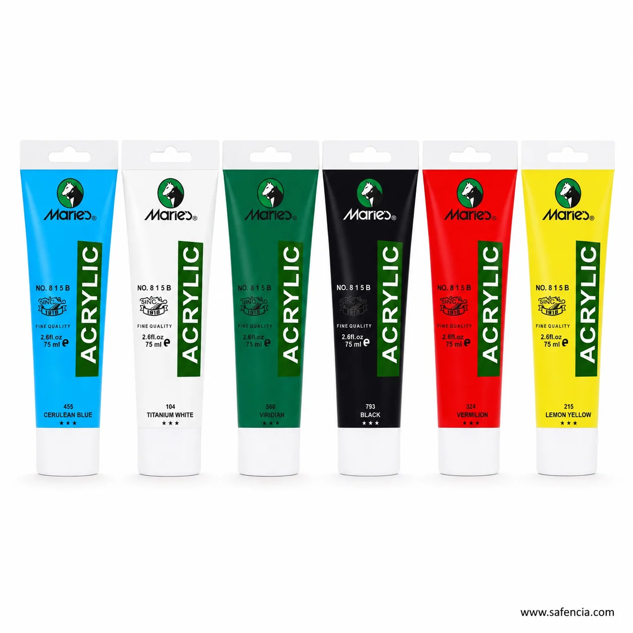 Marie's acrylic 75ml tubes standing in a row with their colour names and codes facing forward