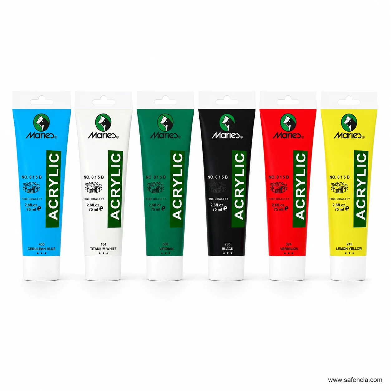 Six Marie's 75ml acrylic tubes spread apart showing the three-star lightfastness marks