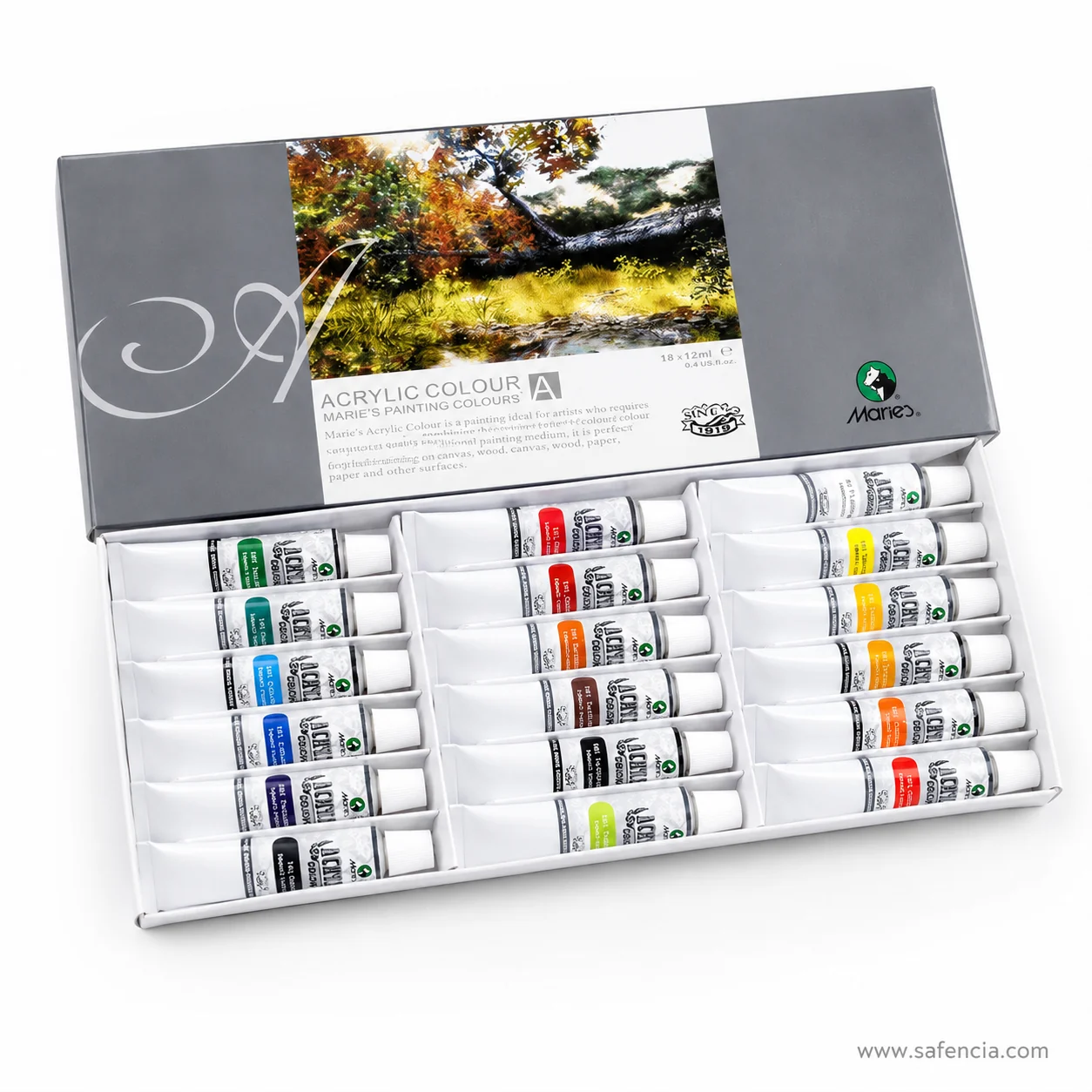 Marie's Acrylic Colour 18 set box angled above the open tray showing the colour codes on each tube