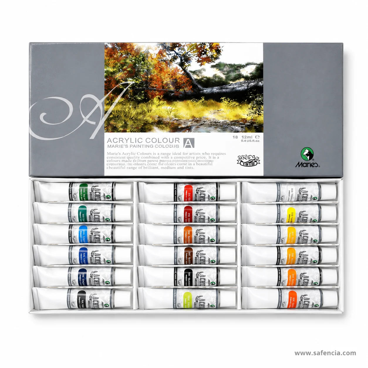 Marie's Acrylic Colour 18 set with the landscape painting on the lid above the tray of tubes
