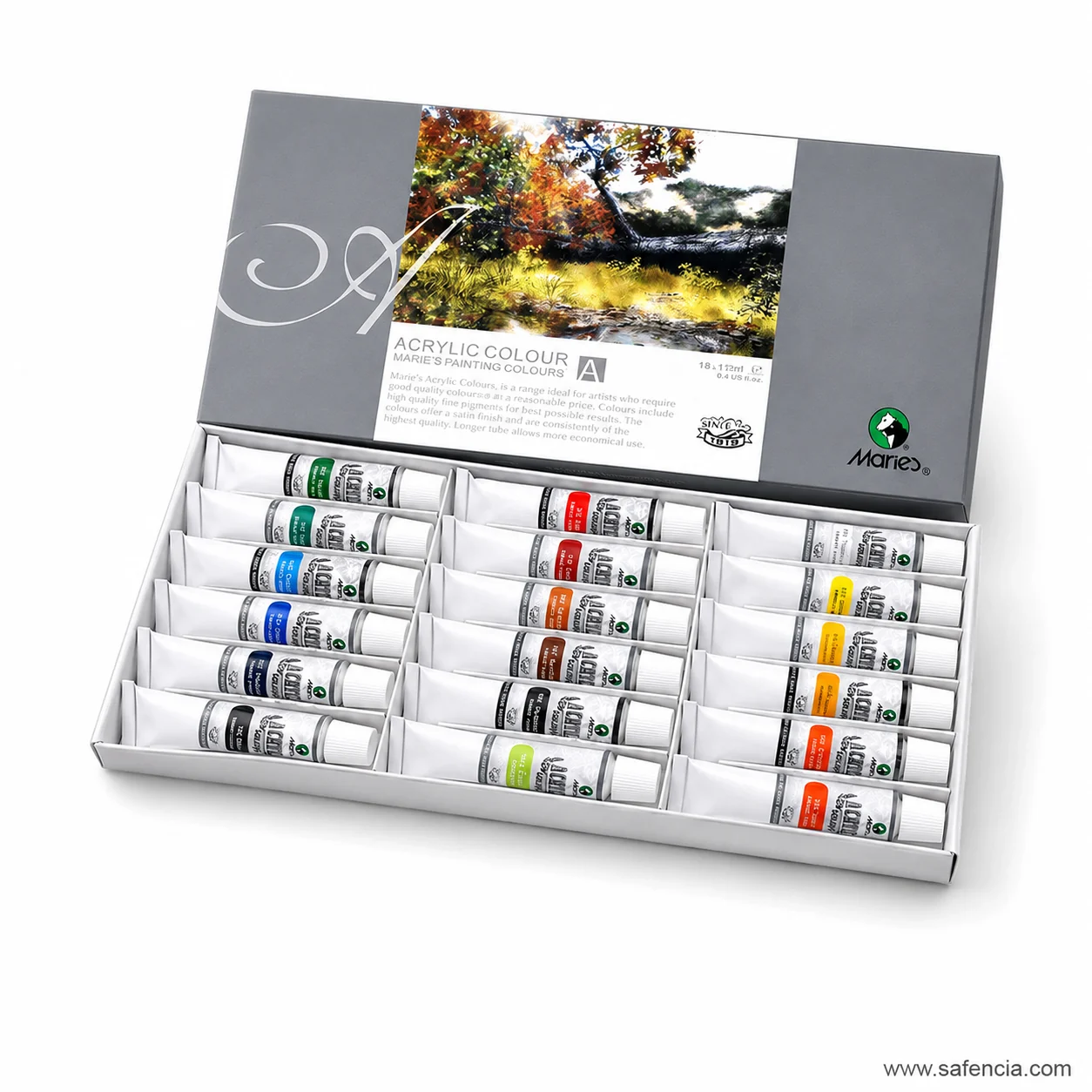 Open Marie's acrylic tray holding all eighteen 12 ml metal tubes with white screw caps