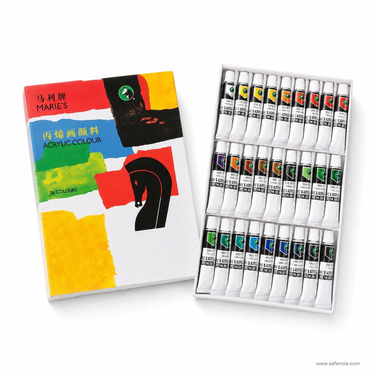 Open Marie's acrylic tray with three rows of tubes showing their printed Marie's colour codes