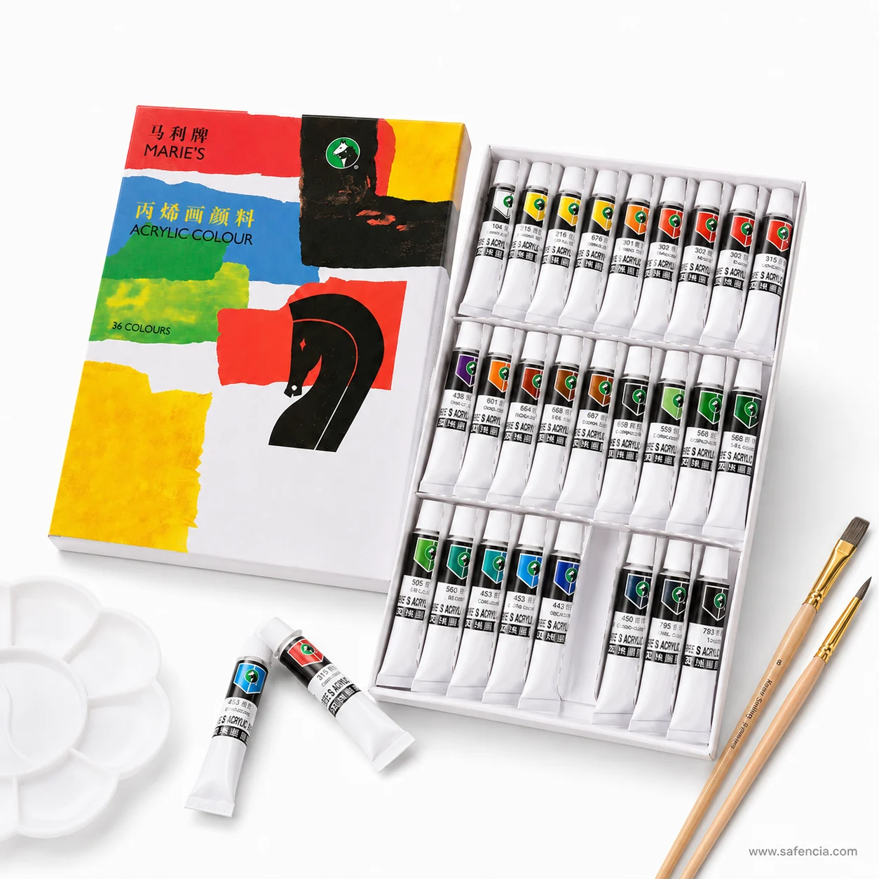 Marie's Acrylic Colour 36 set beside a white flower palette and two brushes shown for scale