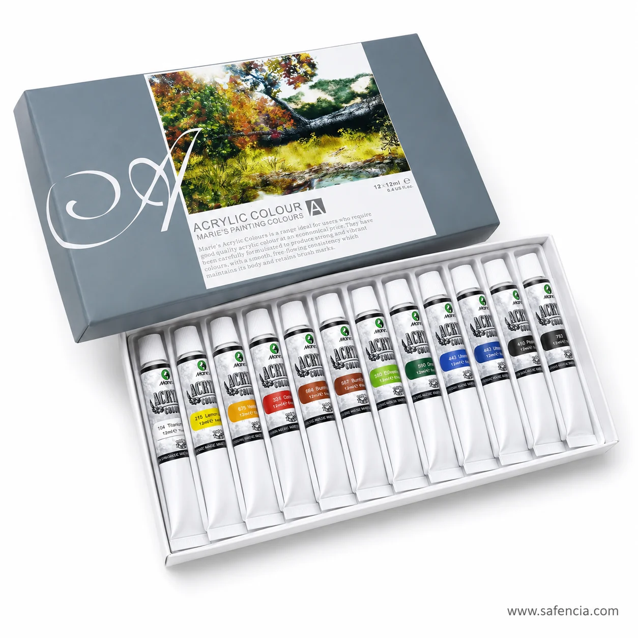 Marie's Acrylic Colour 12 set box angled behind its tray of twelve metal crimp tubes