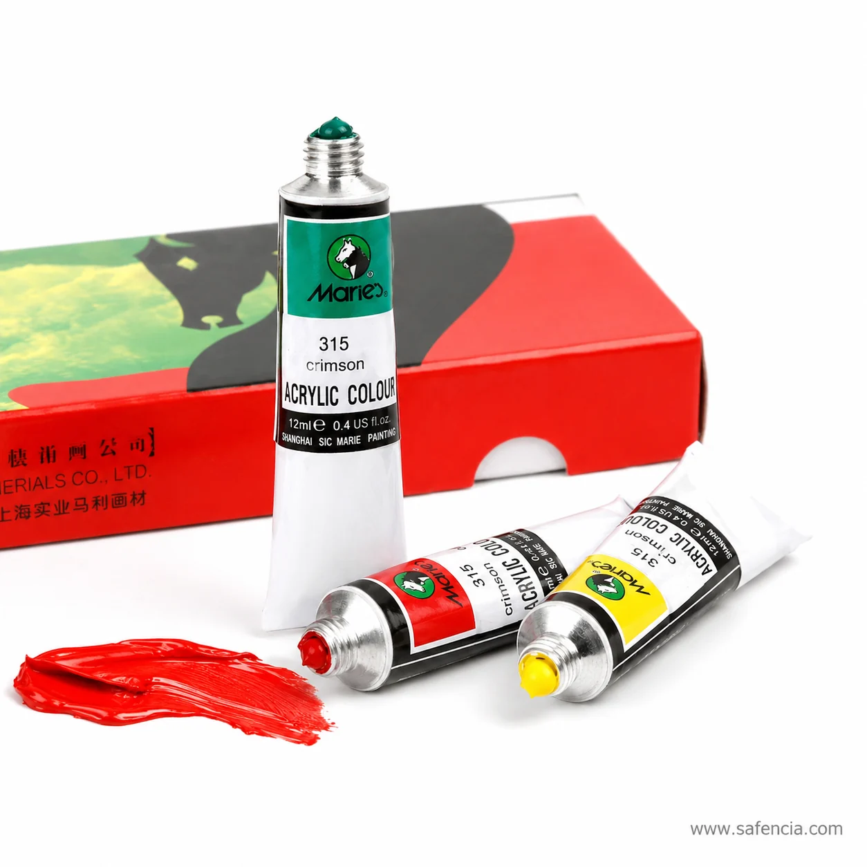 The complete Marie's Acrylic Colour 12 set with lid and tray of twelve tubes together