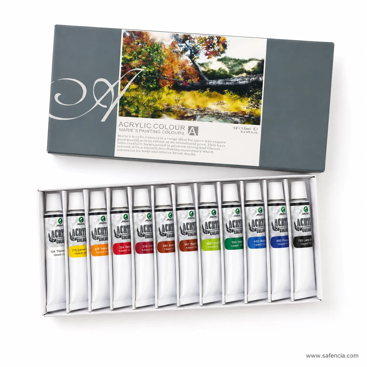 Marie's acrylic 12 set lid lying above the open tray with all twelve tube codes showing