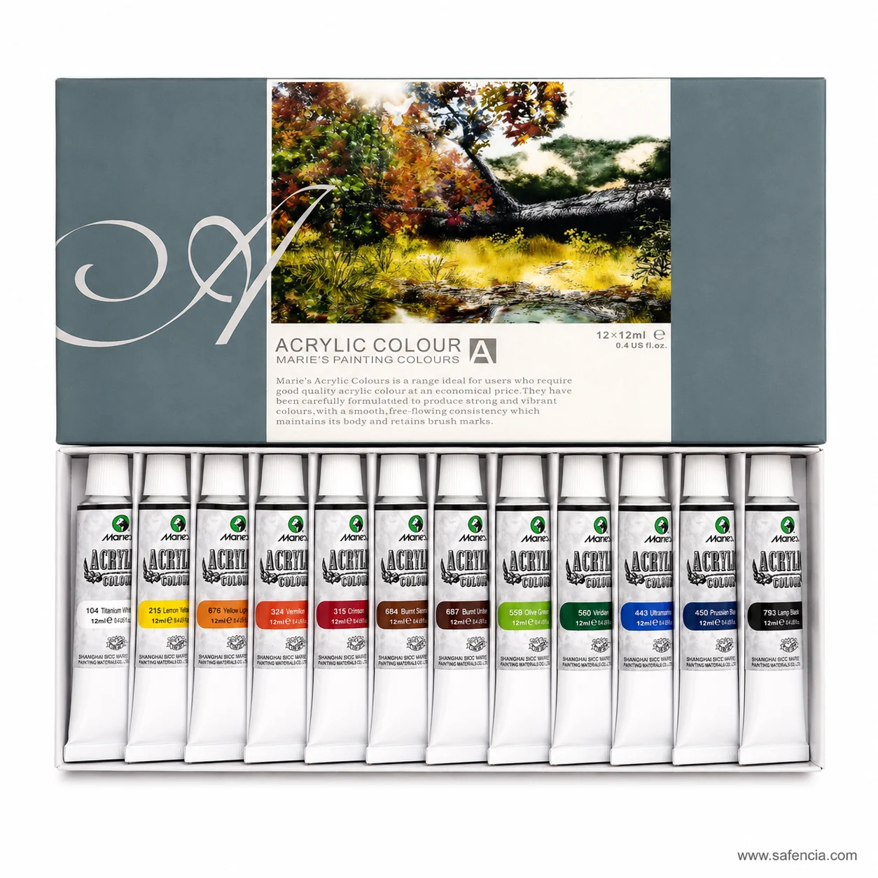 Open Marie's acrylic tray showing the twelve colour spread from white through to lamp black