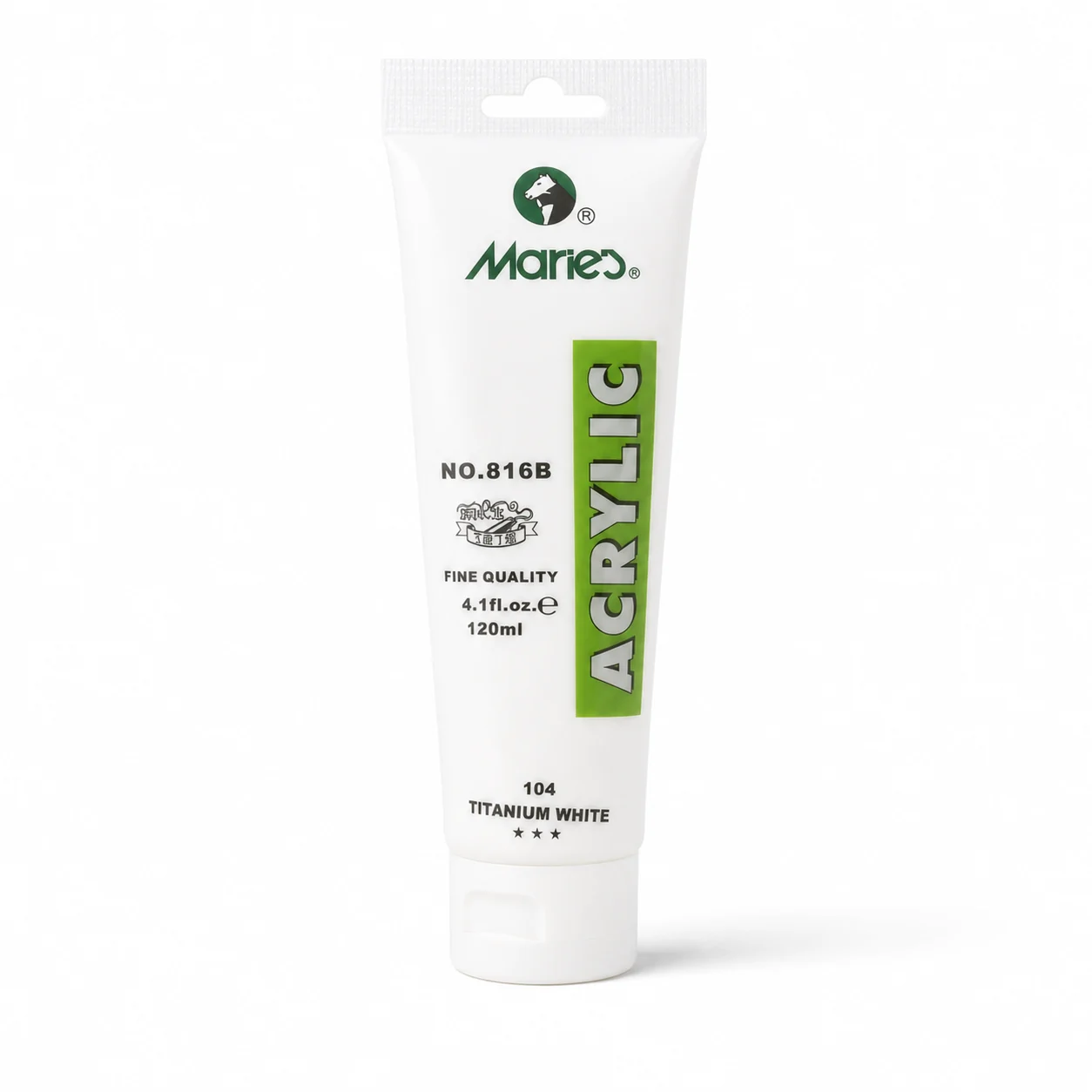 Marie's Acrylic Colour 75ml tube in 104 Titanium White showing the NO.815B model marking
