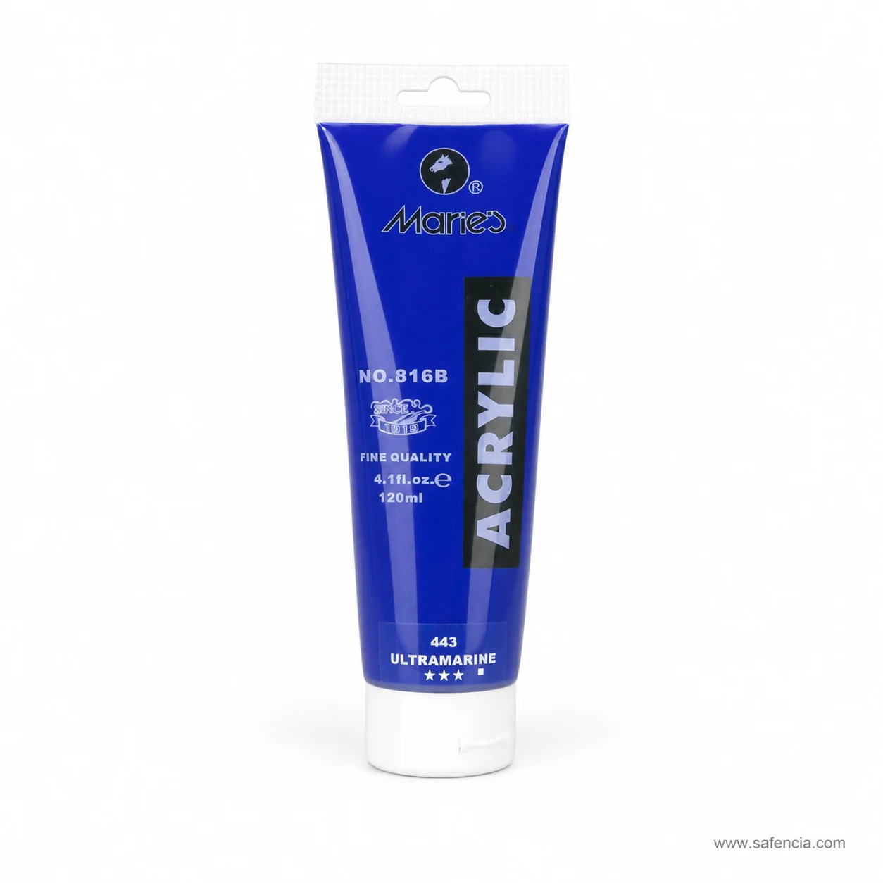 Marie's Acrylic Colour 75ml tube in 443 Ultramarine with the holographic authenticity sticker visible