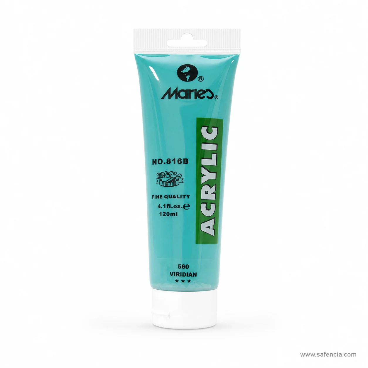 Marie's Acrylic Colour 75ml tube in 560 Viridian, rated four stars for lightfastness on the chart