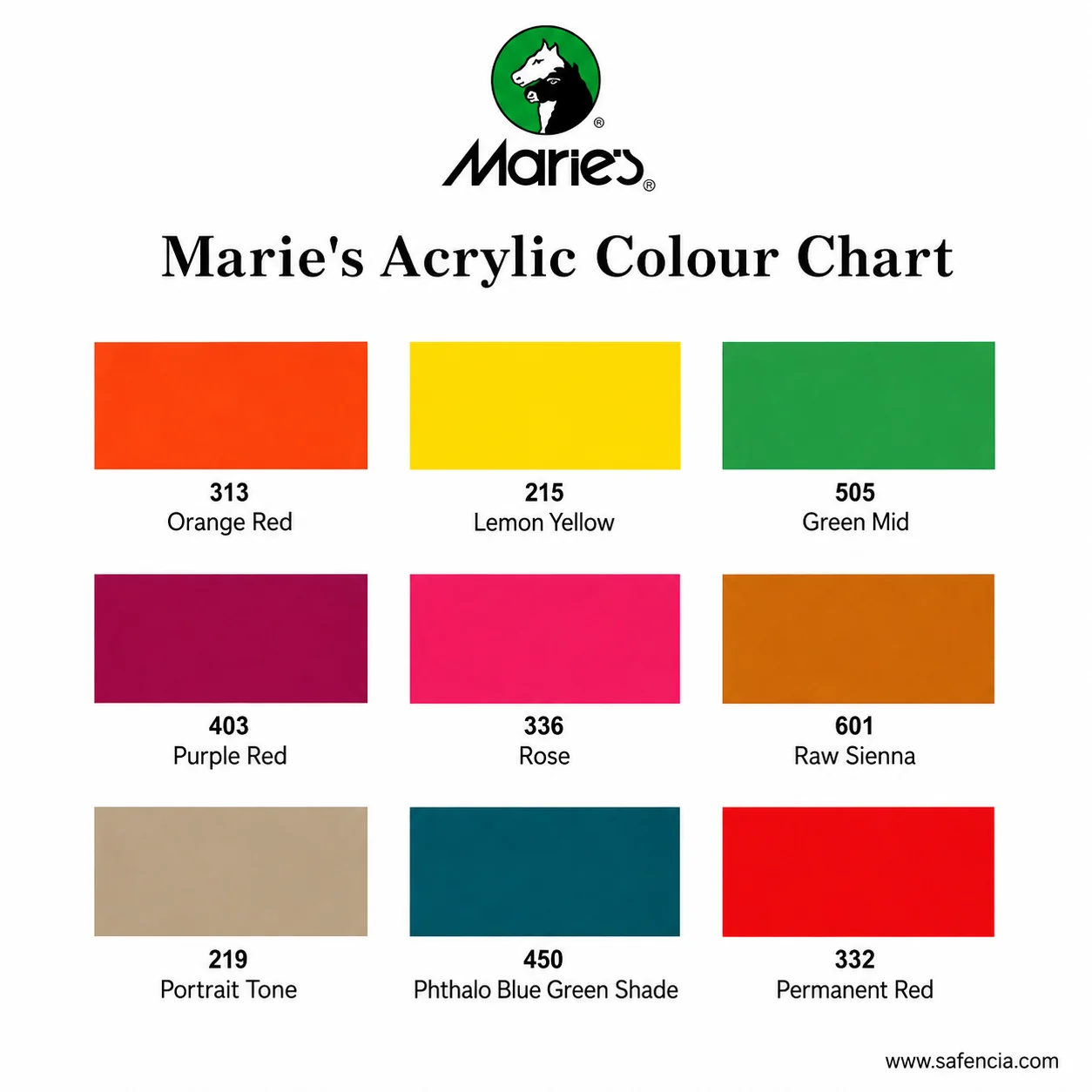 Marie's acrylic colour chart panel showing a selection of shades with their three-digit codes
