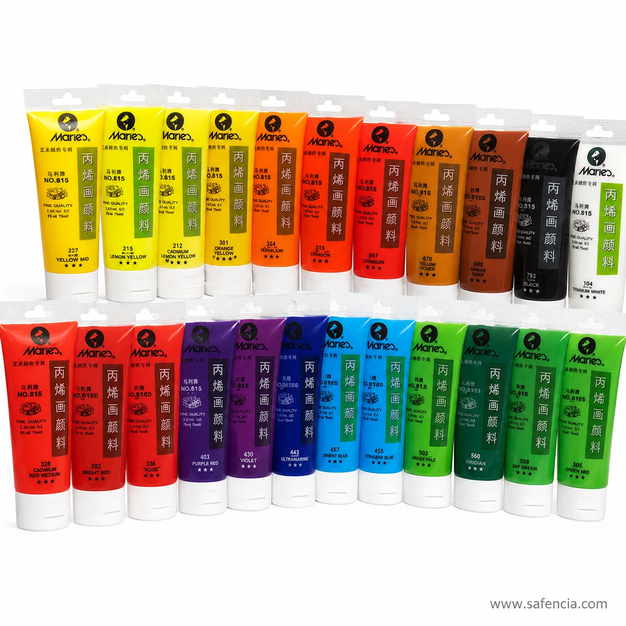 Marie's 75ml acrylic tubes grouped in rows by colour family from yellows through to earths