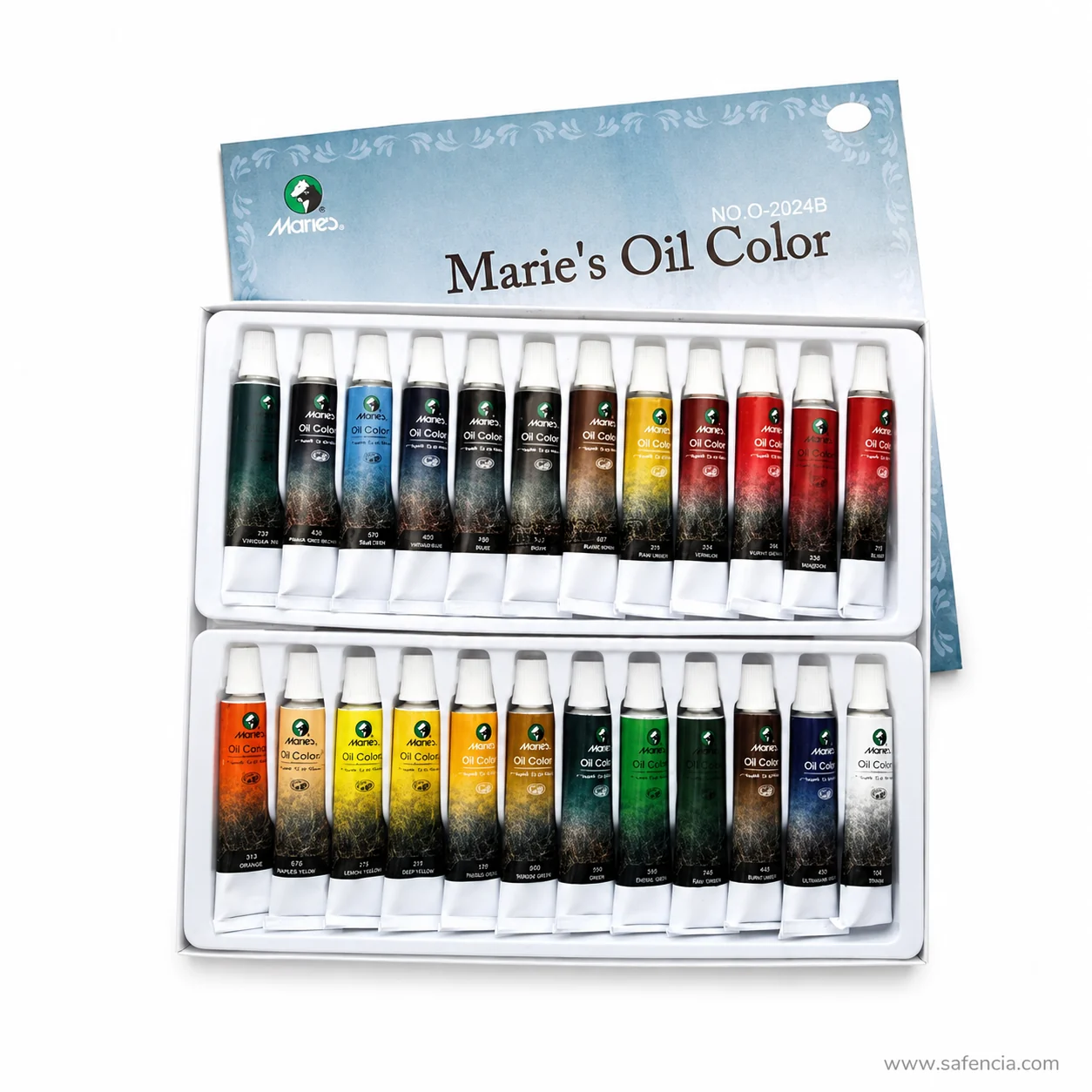 Marie's Oil Color 24 carton photographed to show the punched hanging hole and the O-2024B code