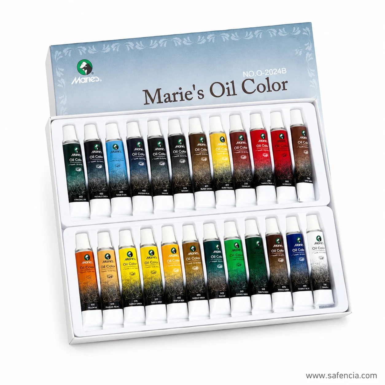 Angled view of the Marie's Oil Color 24 set showing both hinged trays and the pale blue lid