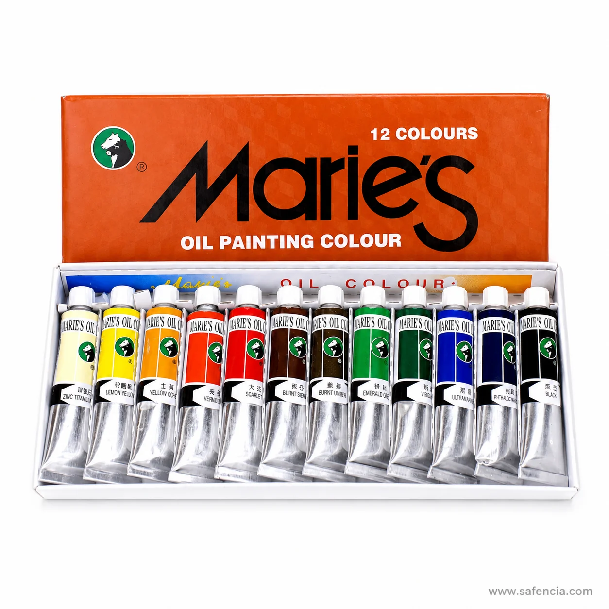 Front view of the orange Marie's Oil Painting Colour lid above the tray of twelve oil colour tubes