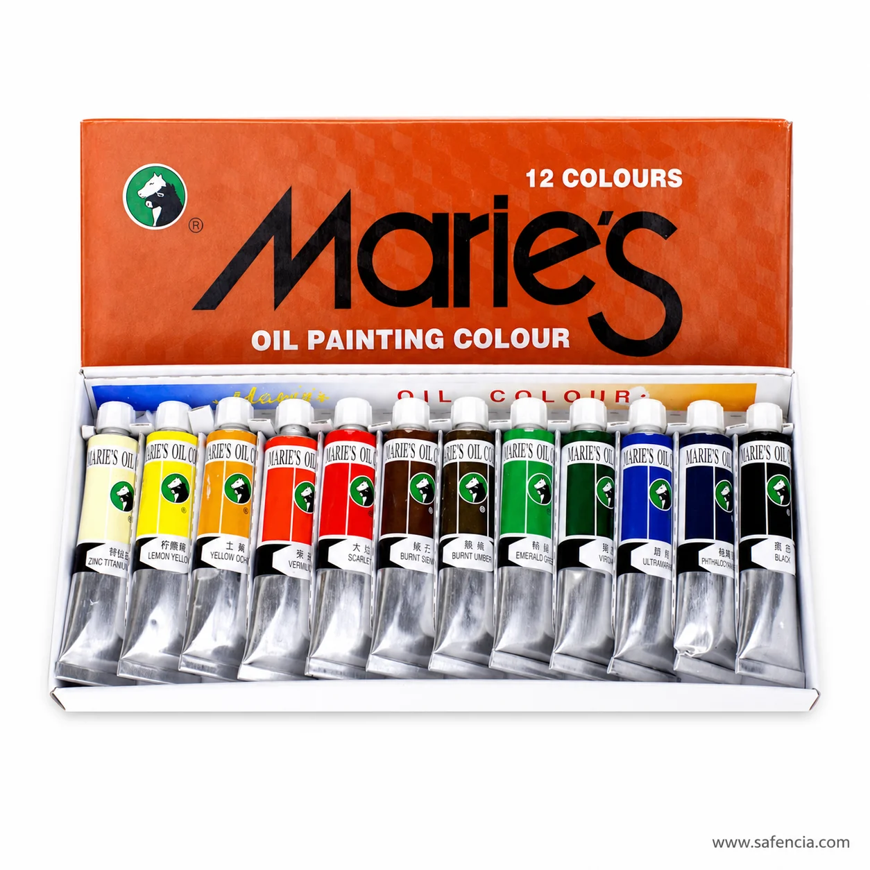 Angled view of the Marie's oil colour tubes seated in their tray with the orange lid behind