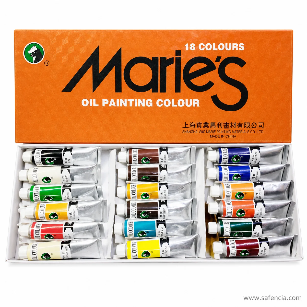 Marie's oil colour 18 tray photographed with the maker's Shanghai line readable beneath the wordmark