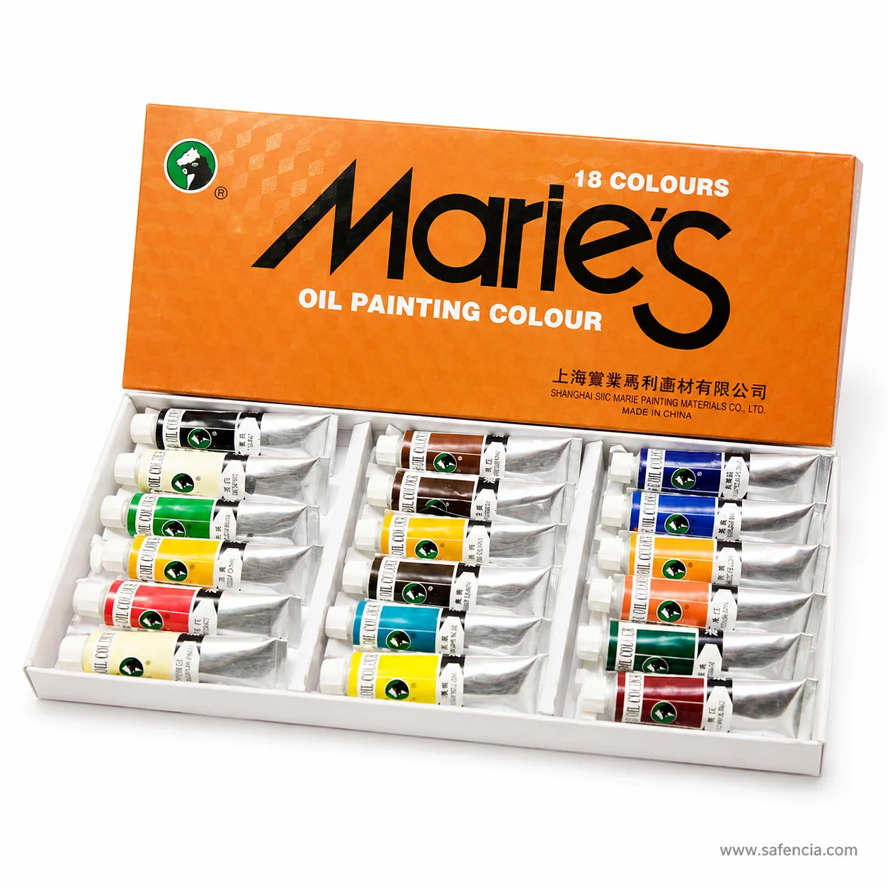 Angled view of the eighteen Marie's oil colour tubes seated in their fitted moulded tray