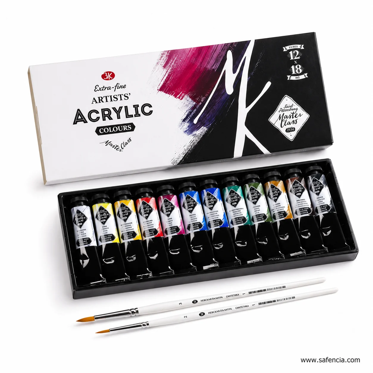 Full Master Class acrylic tray of twelve 18ml tubes with the white sleeve standing behind it