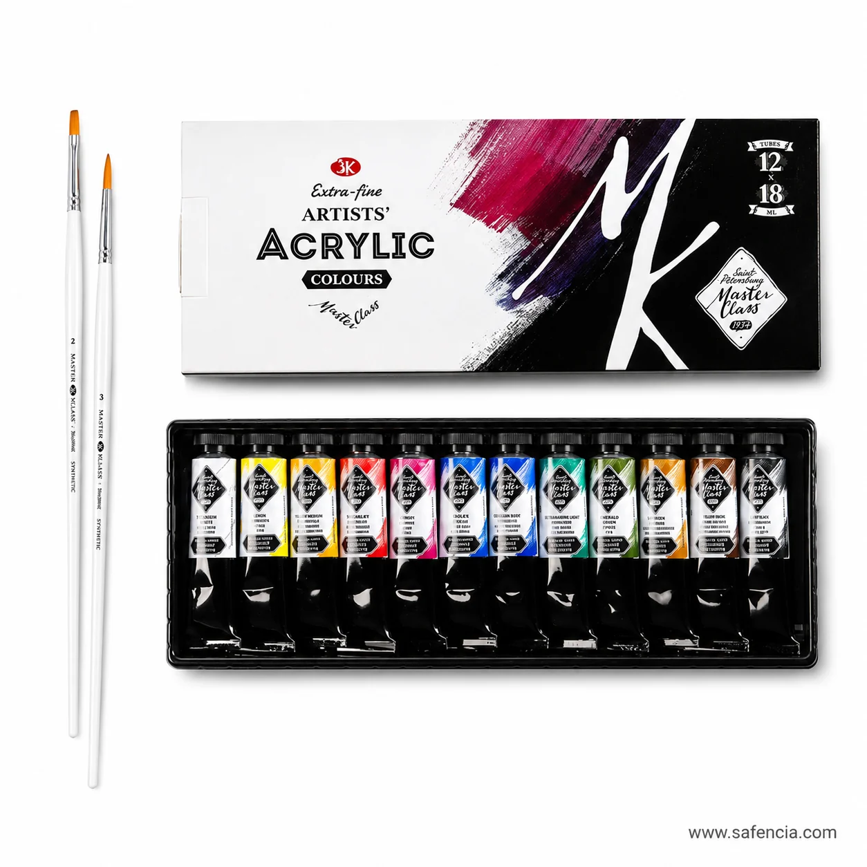 Master Class acrylic tray of twelve tubes with two branded brushes standing alongside the box