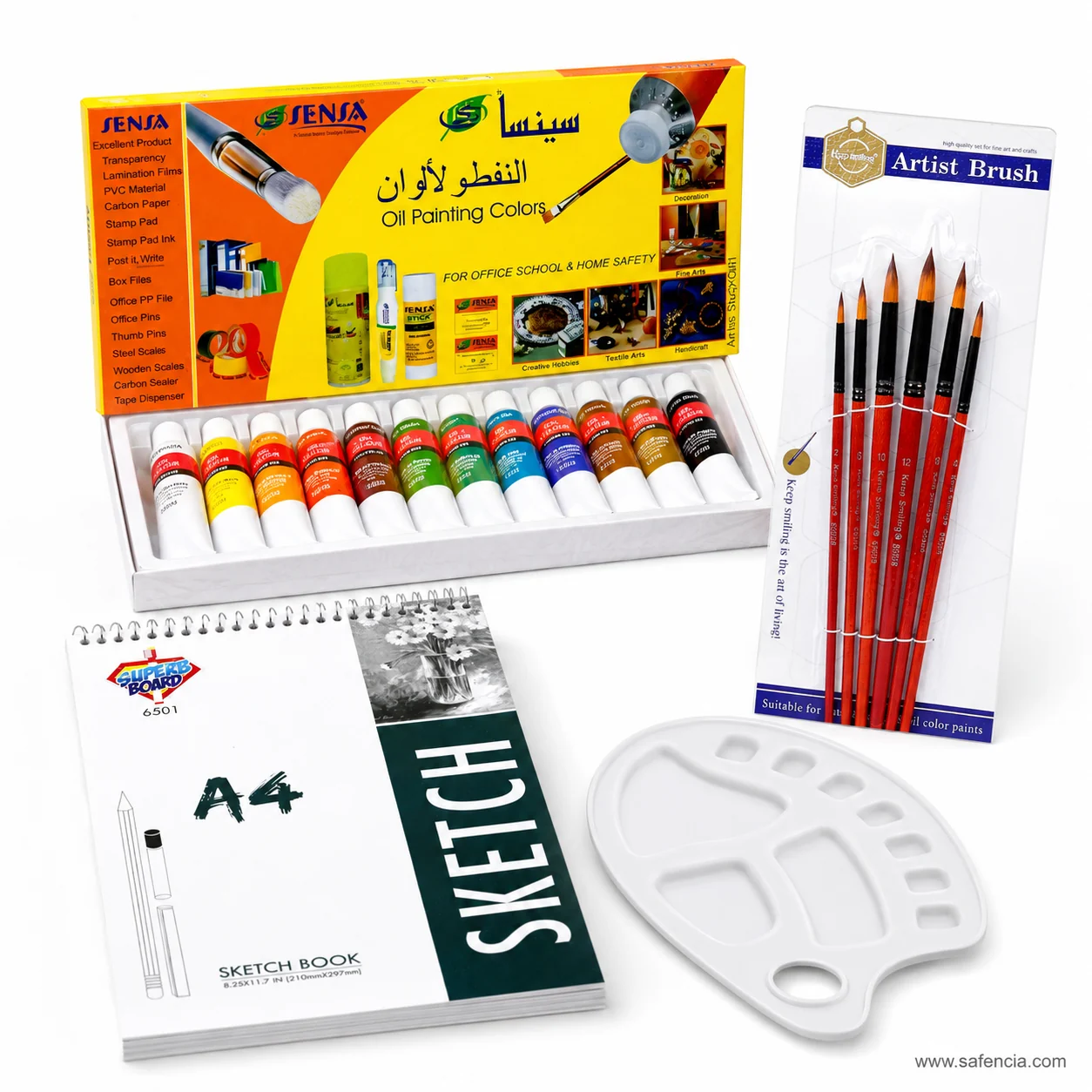 Angled view of Mega Oil Painting Deal No. 13 showing the brush handles and the sketch pad spiral binding