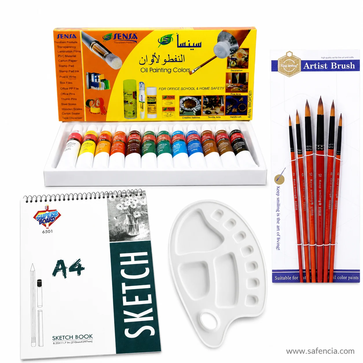The Sensa oil colour tray, Keep Smiling brush card, A4 sketch book and plastic palette photographed together