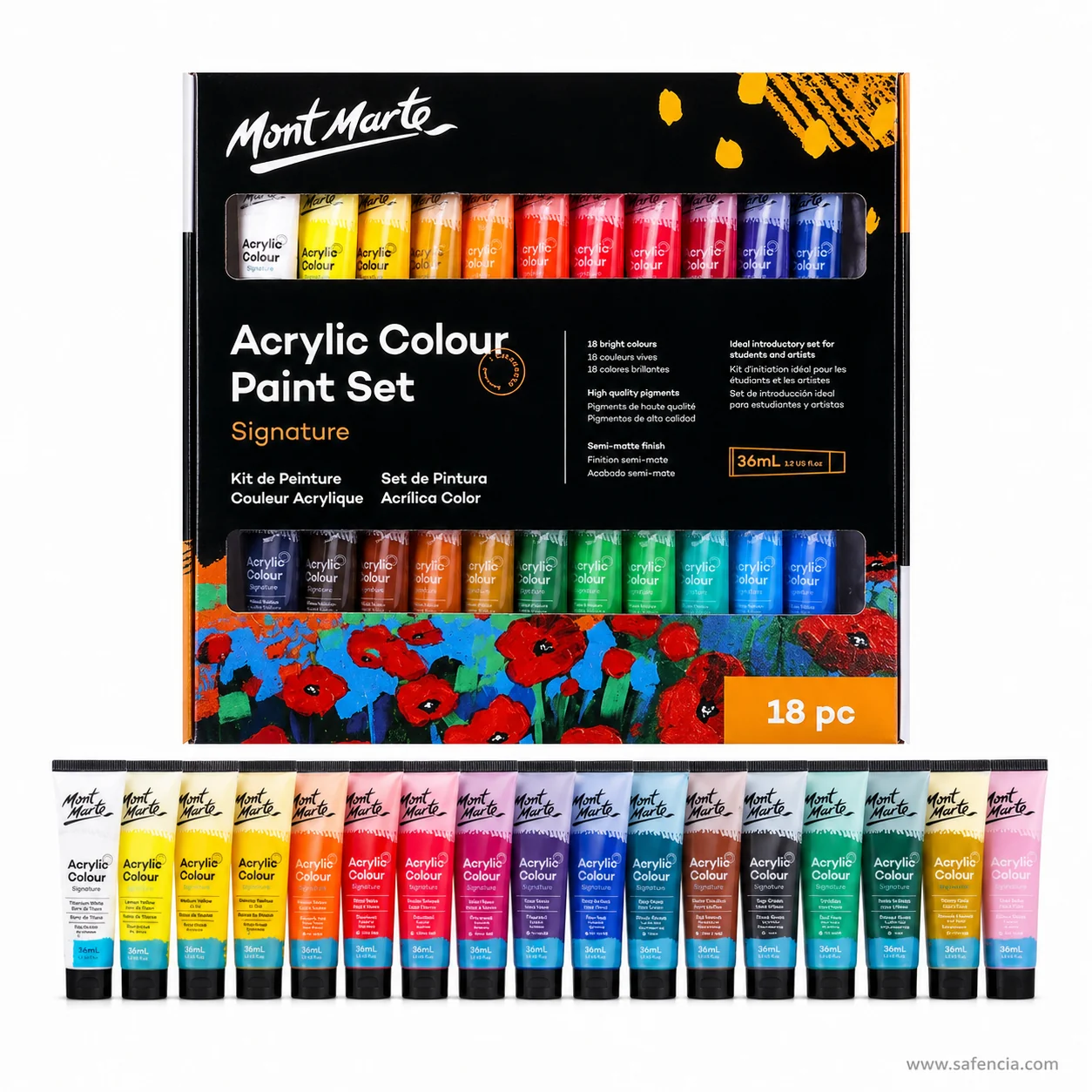 Mont Marte Acrylic Colour Paint Set 36ml in the 18 pc box with eighteen tubes laid out below