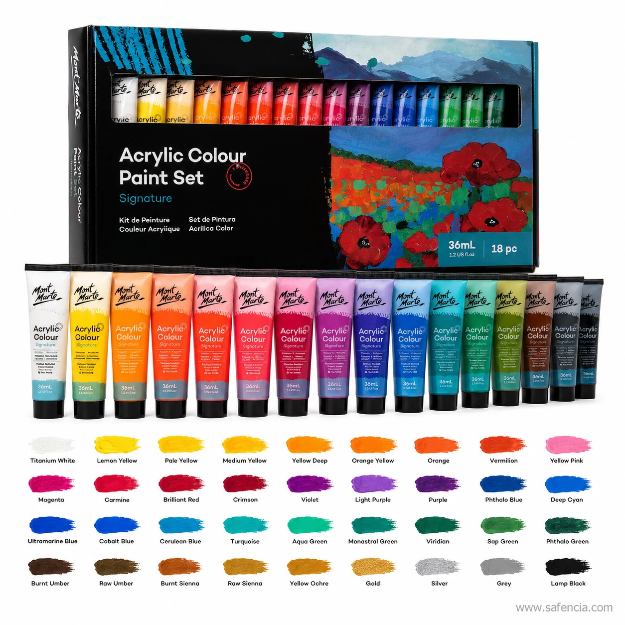 Mont Marte 24 pc acrylic box with tubes and thick swatches of paint spread by a palette knife