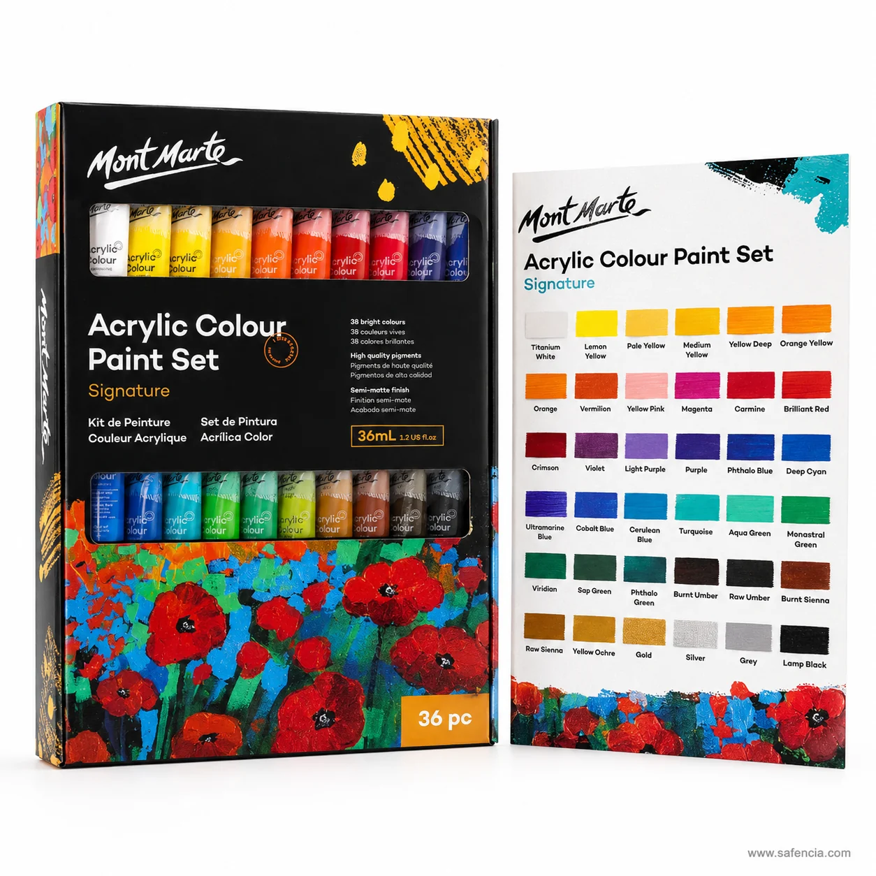 Mont Marte 36 pc acrylic box beside the printed shade chart listing all thirty-six colour names