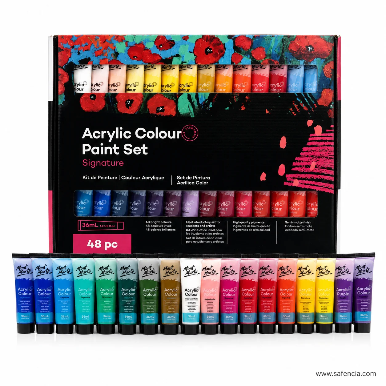 Mont Marte Acrylic Colour Paint Set 36ml in the 48 pc box with all forty-eight tubes in a row
