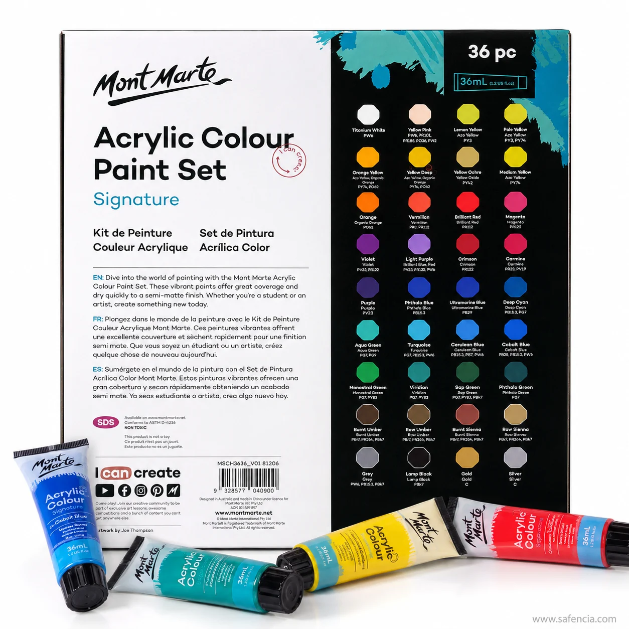 Back panel of the Mont Marte 36 pc acrylic box showing the pigment chart and the ASTM D-4236 line