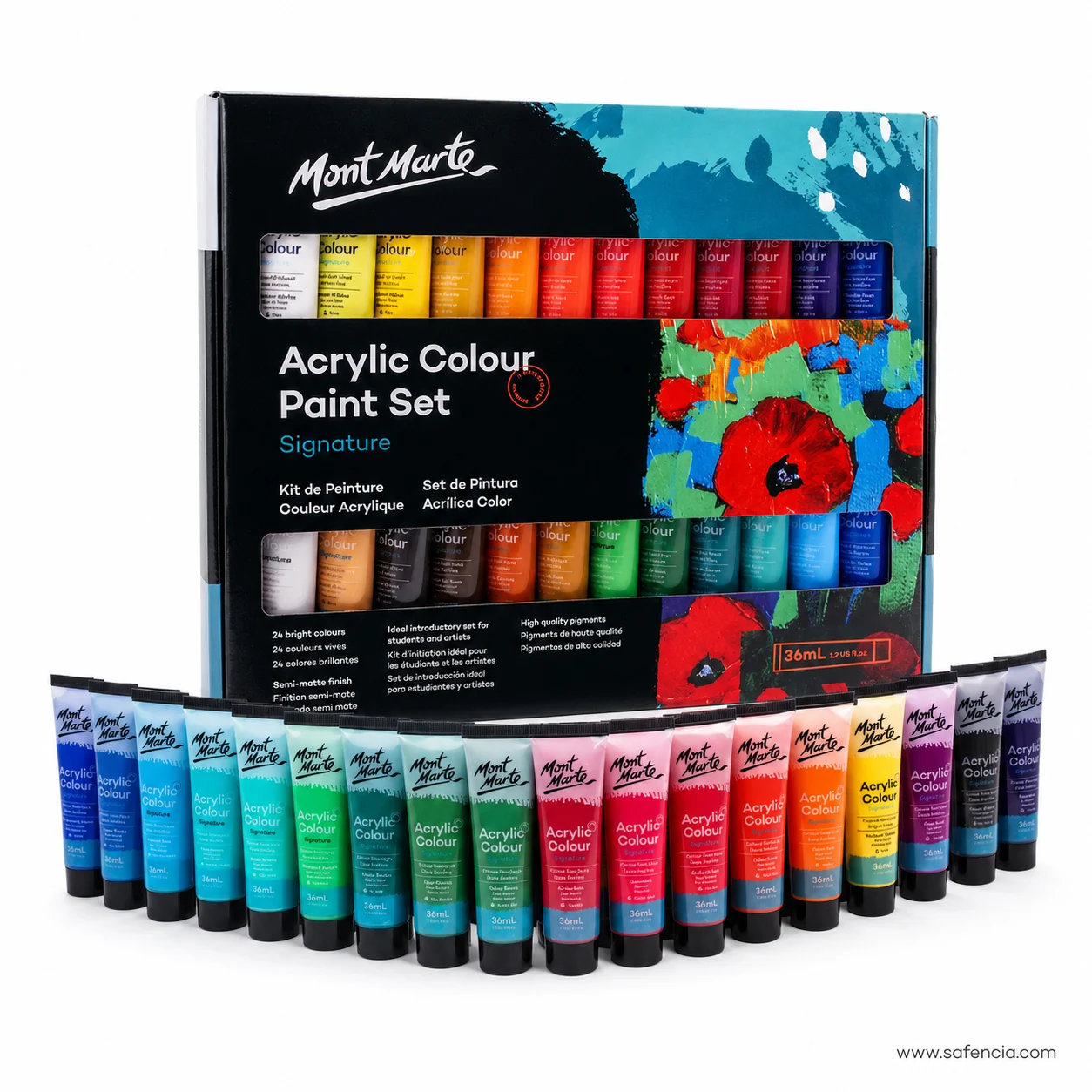 Long lineup of Mont Marte 36 ml acrylic tubes arranged by colour in front of the Signature box