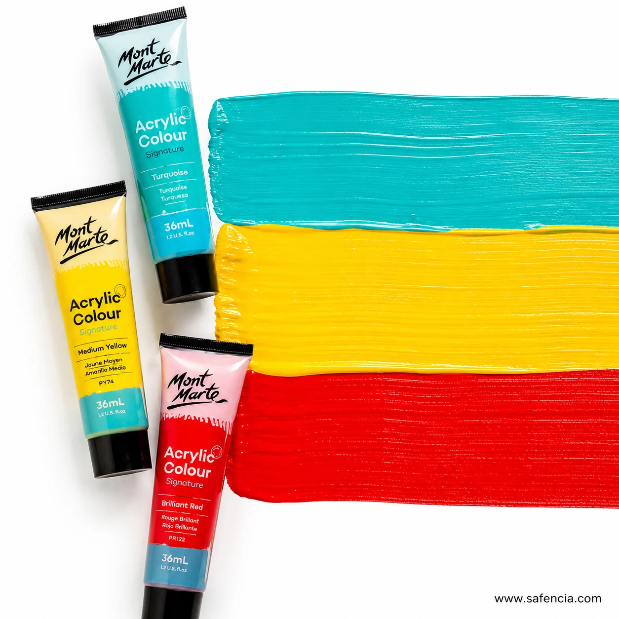 Three Mont Marte 36 ml acrylic tubes beside thick painted bands of turquoise yellow and red
