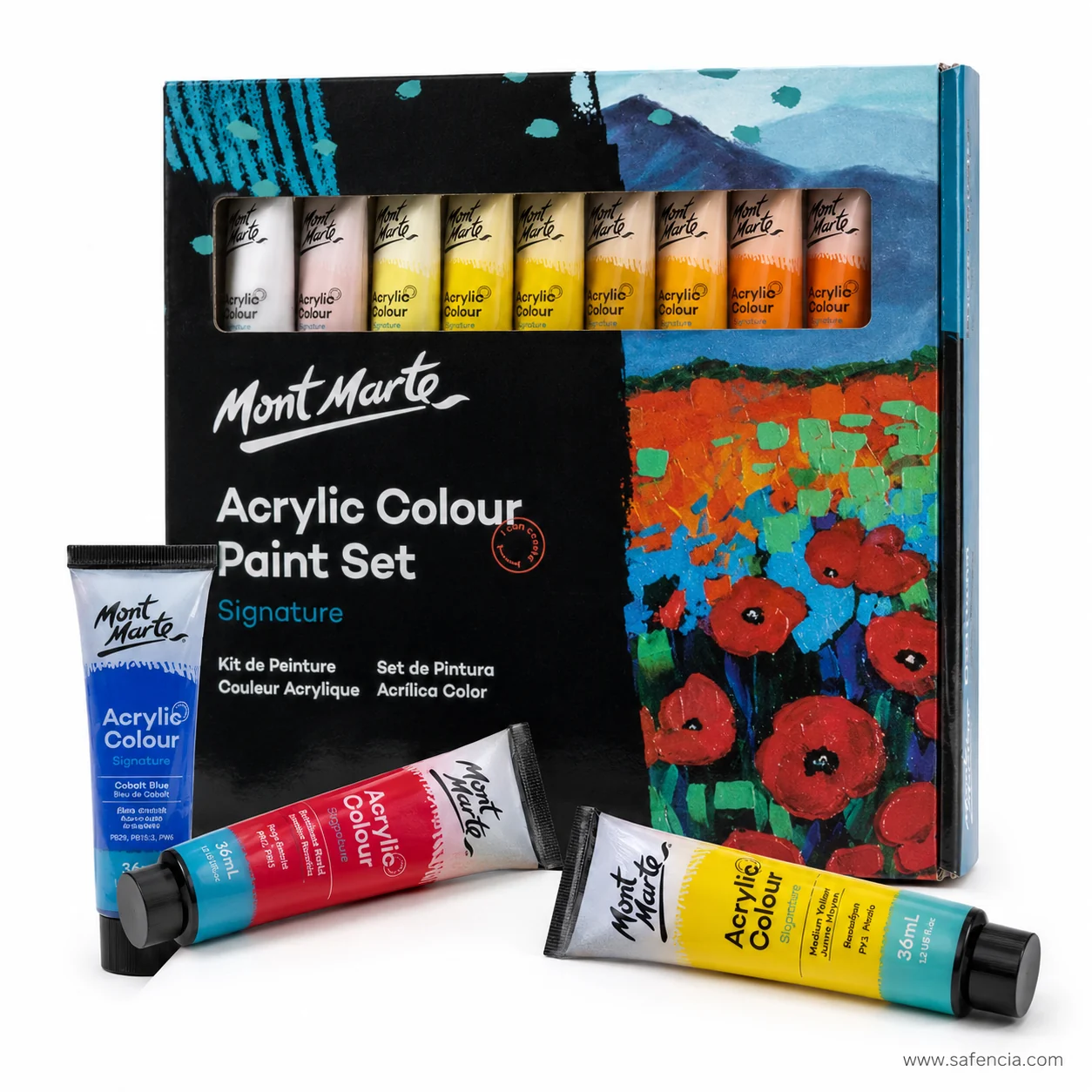 Mont Marte acrylic box with a printed chart naming each shade above its pigment index code