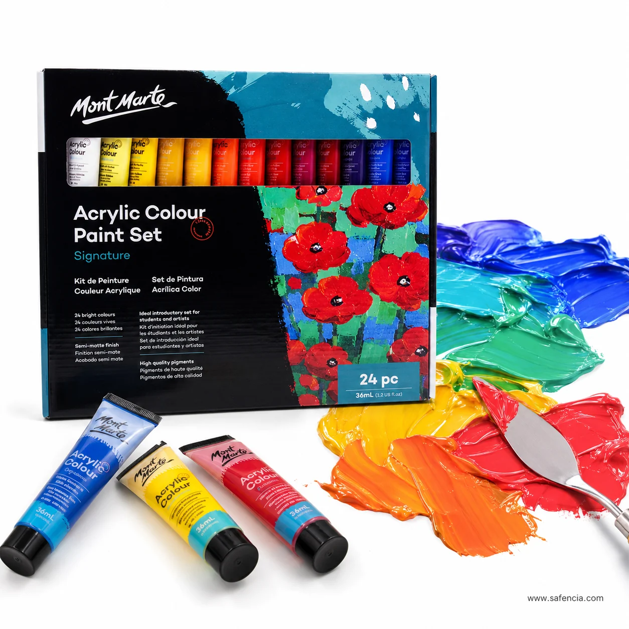 Three Mont Marte 36 ml acrylic tubes lying in front of the black Signature box
