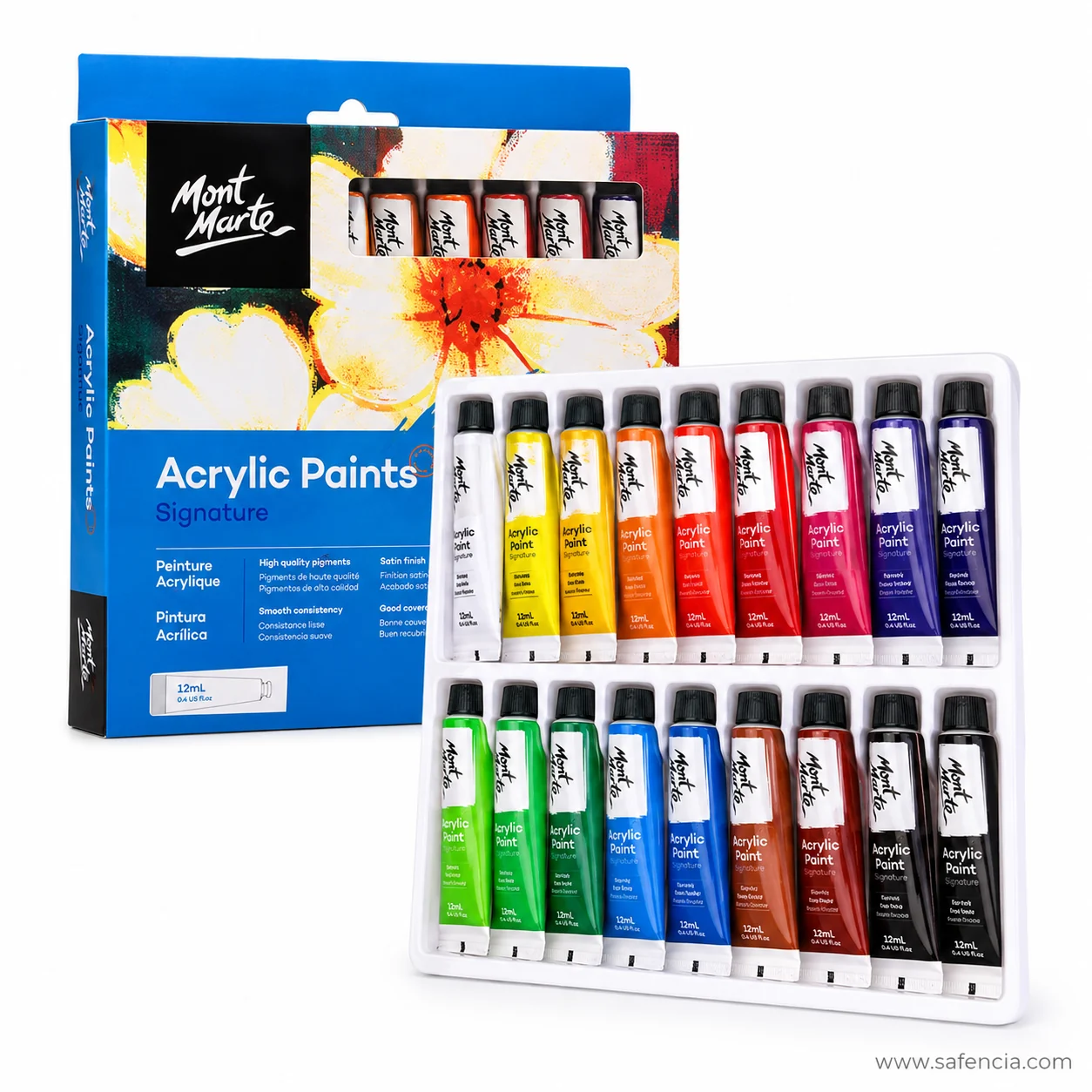Blue Mont Marte Signature 18 pc box beside a white tray holding eighteen 12 ml acrylic tubes