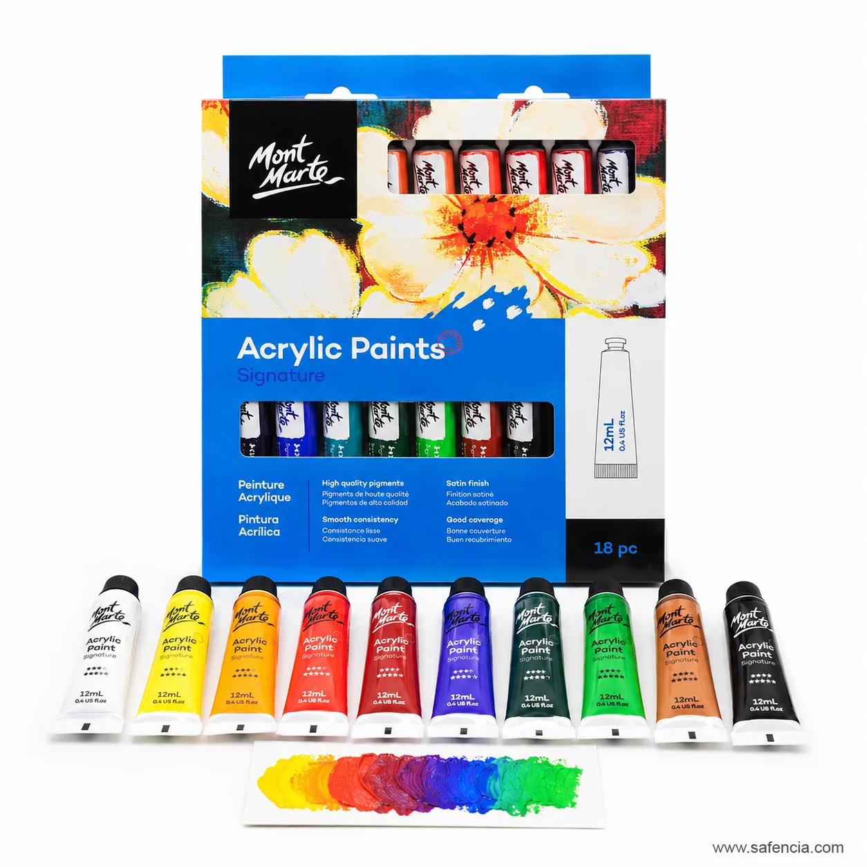 Mont Marte Signature 18 pc blue box with tubes laid in a row and a painted colour swatch strip