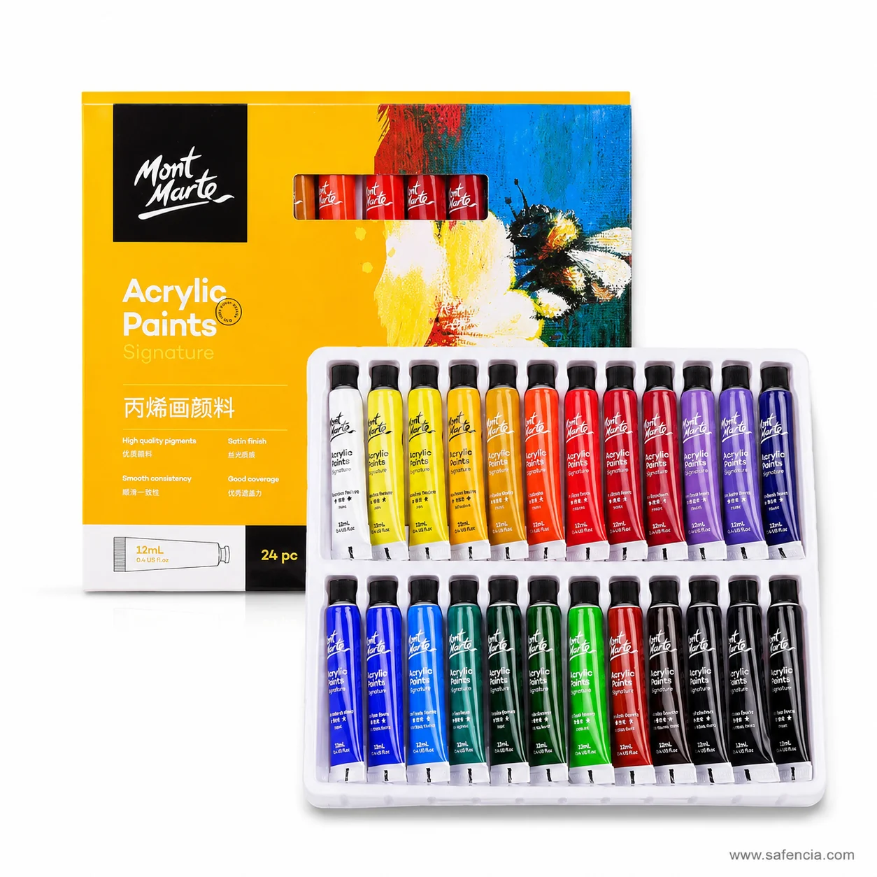 Mont Marte Signature Acrylic Paints yellow 24 pc box beside its tray of twenty-four 12 ml tubes