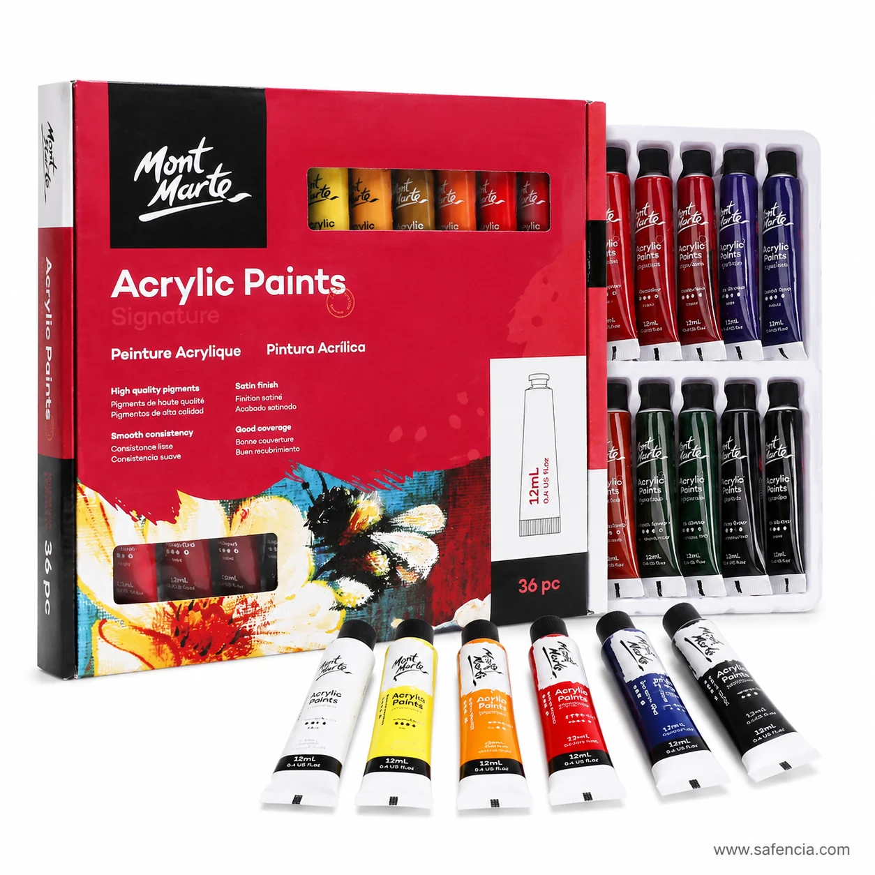 Red Mont Marte Signature 36 pc box with six 12 ml acrylic tubes standing in front of it